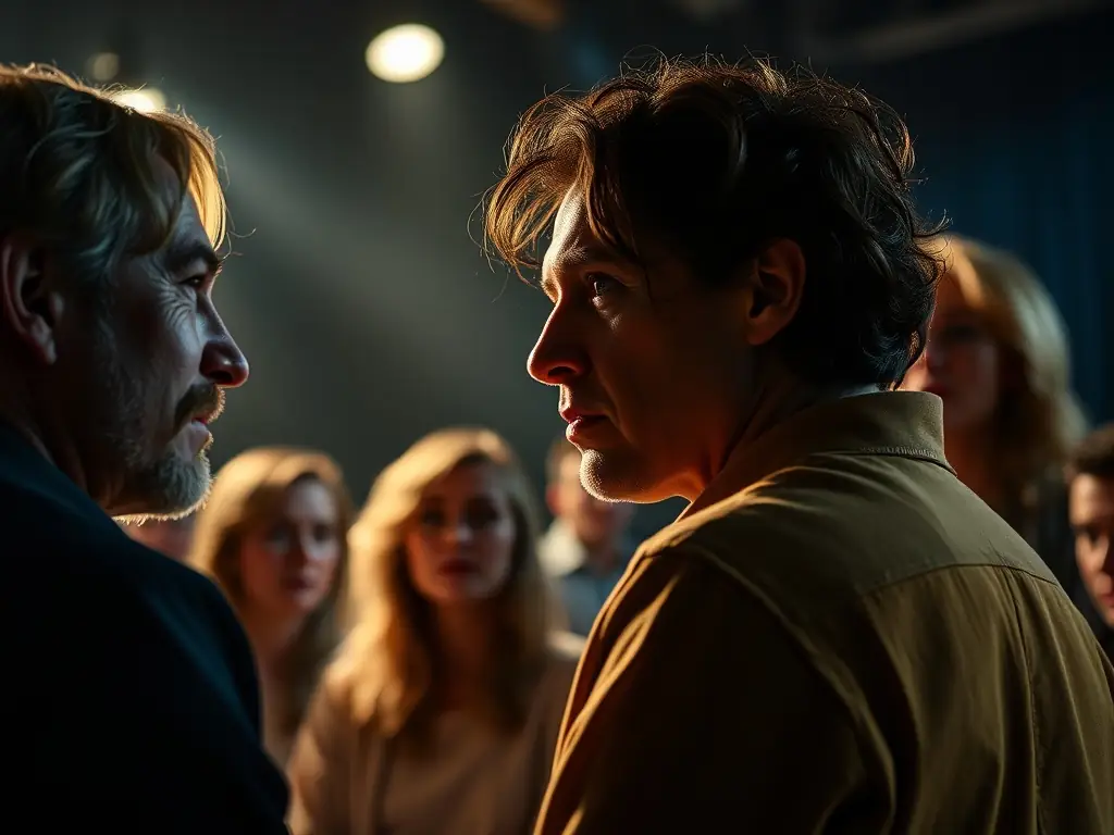 A photograph of young adults engaged in a drama and theater workshop, rehearsing a scene with enthusiasm and teamwork.