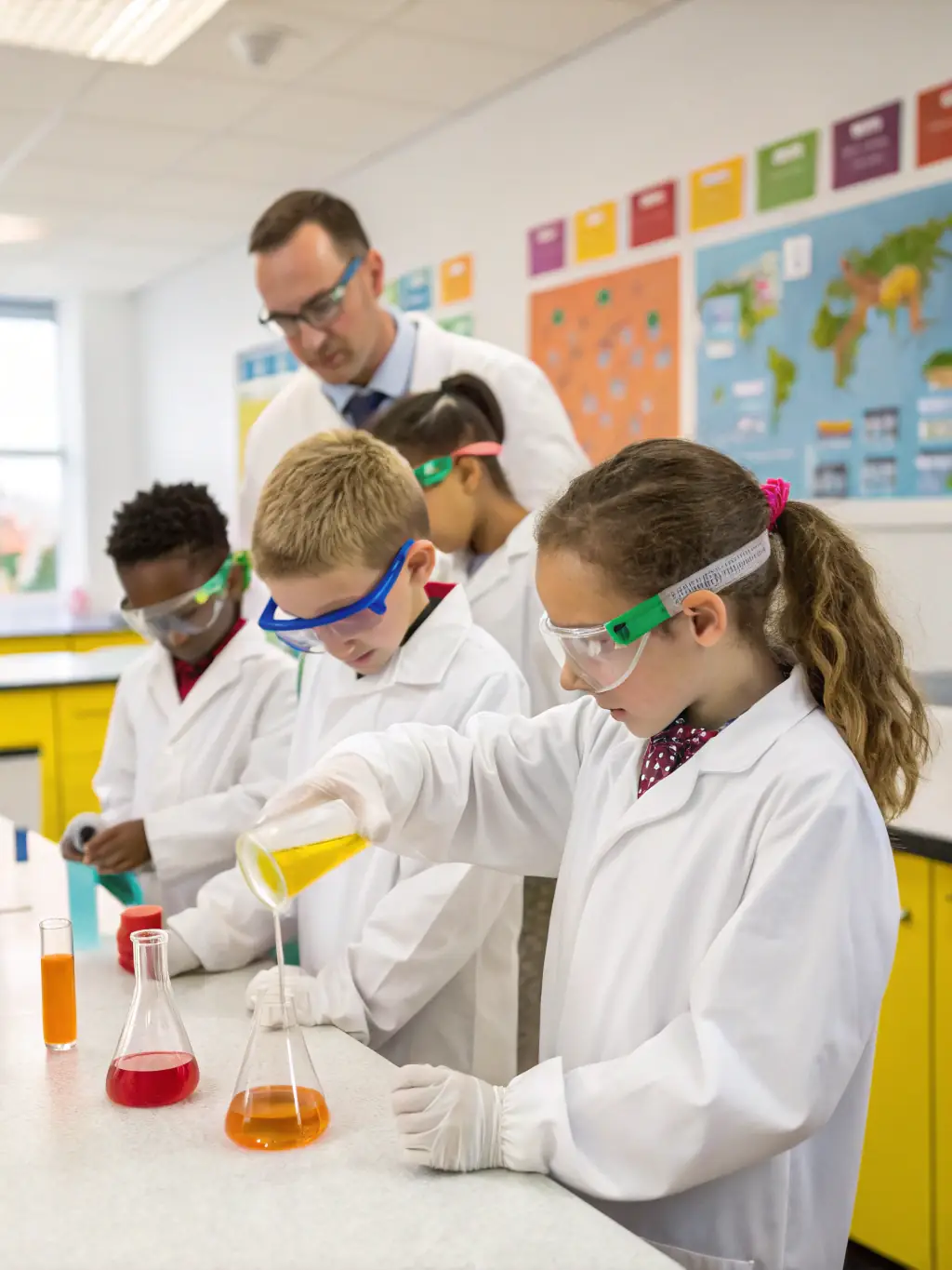 A group of young people gathered around a table, engaged in a science experiment with beakers and test tubes, illustrating the educational and interactive nature of the science and technology programs at CTRE LOISIR EDUCAT COMMUN PLESLIN TRIGAR.