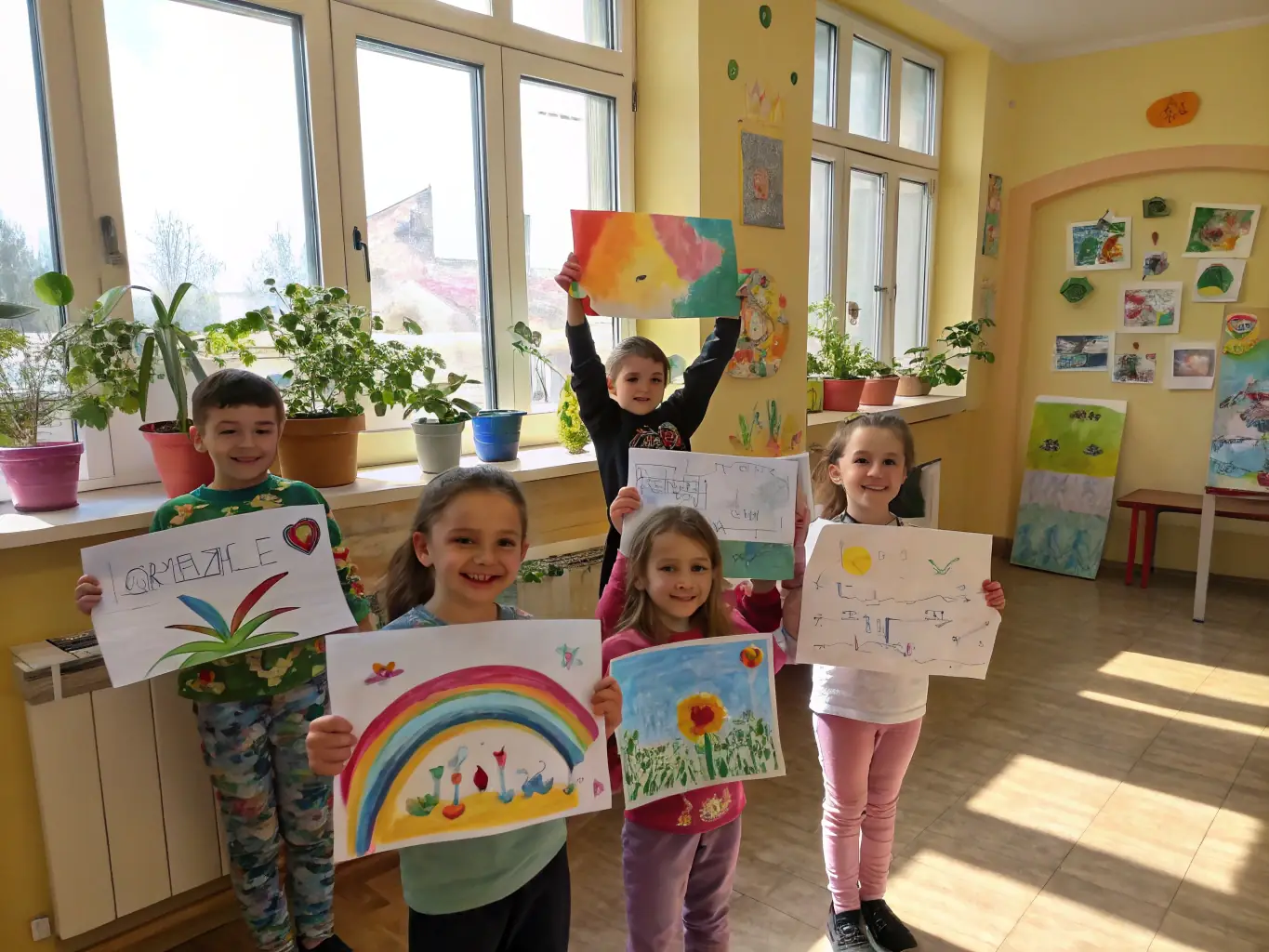 A group of children participating in a painting workshop, showcasing their colorful artwork with smiles, set in a bright and creative studio environment.