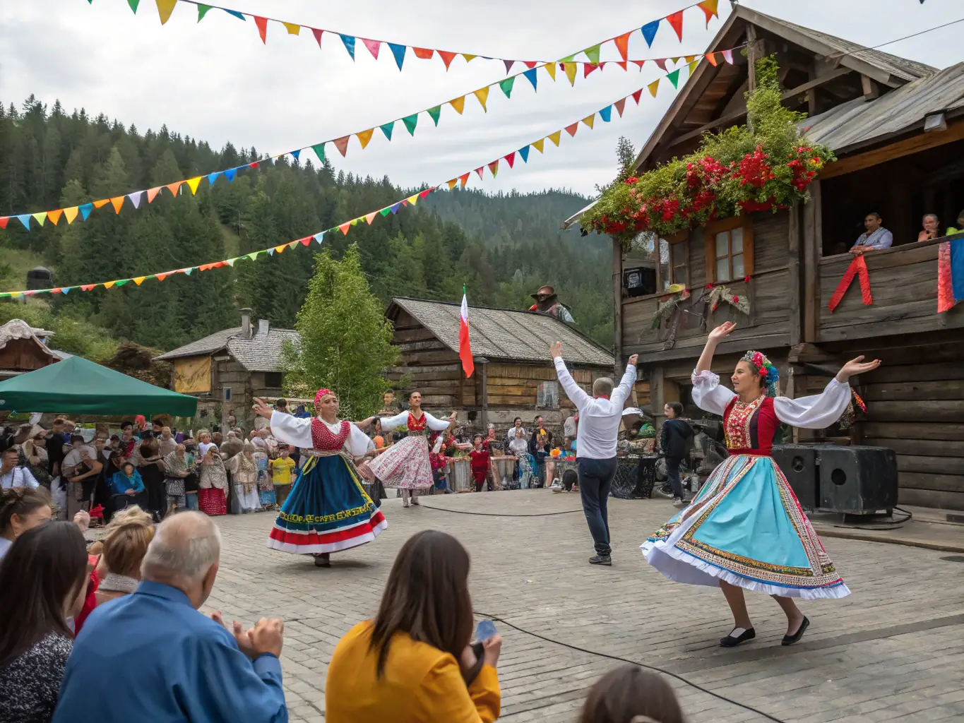A family participating in a cultural event at the center, showcasing traditional music and dance, with diverse participants and vibrant cultural displays.