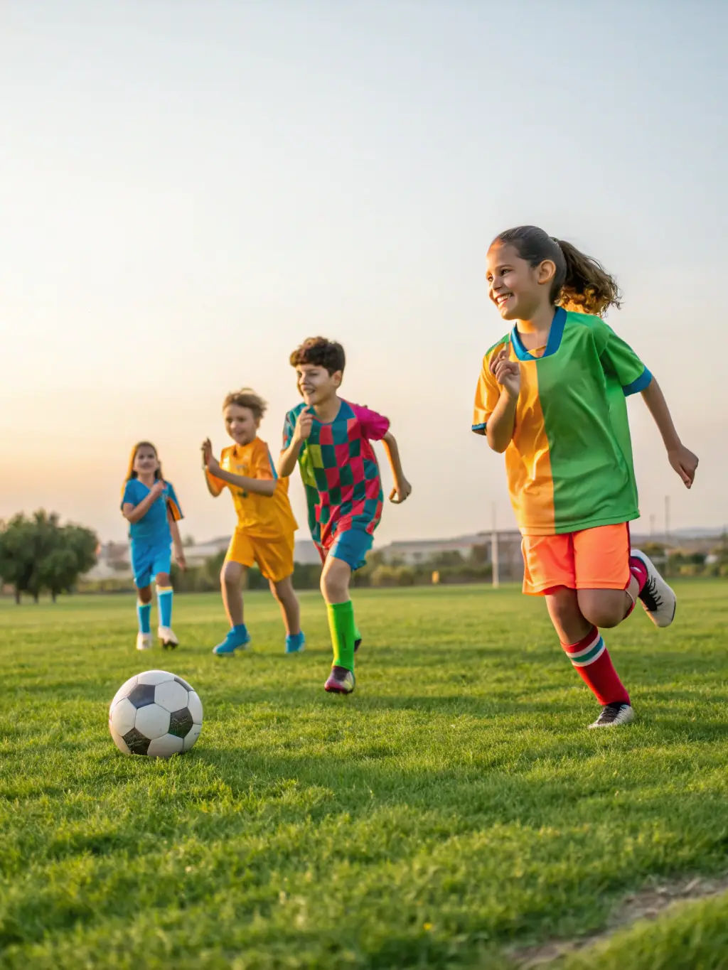 A lively scene of children playing various sports and games outdoors, showcasing the active and engaging environment of the sports and recreation programs at CTRE LOISIR EDUCAT COMMUN PLESLIN TRIGAR.